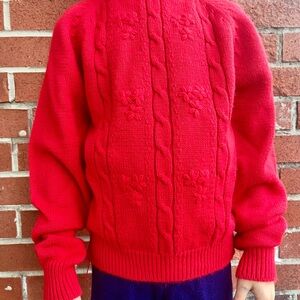 Vintage Kids Red Holiday Knit Sweater - Floral and Knots Alternating Pattern